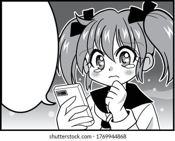 Cartoon of a Japanese girl in uniform with twin tails operating a smartphone