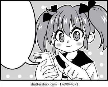 Cartoon of a Japanese girl in uniform with twin tails operating a smartphone