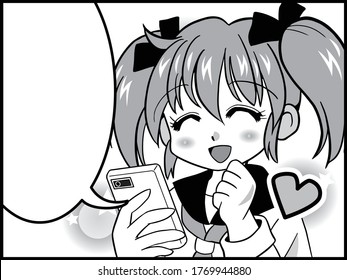 Cartoon of a Japanese girl in uniform with twin tails operating a smartphone