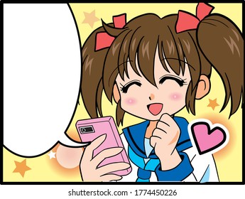 Cartoon of a Japanese girl in uniform with twin tails operating a smartphone