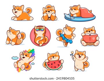 Cartoon japanese happy shiba inu dog characters, cute kawaii pet personages. Vector Japan dog or puppy animals posing with funny faces, shiba inu doggies sleeping, scratching ear, dancing and reading