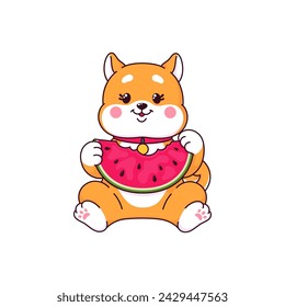 Caricatura japonesa feliz Shiba Inu cachorro perro personaje. Personaje de perro japonés pequeño cómico, personaje animal de mascota kawaii, Shiba Inu lindo vector aislado mascota alegre comiendo sandía