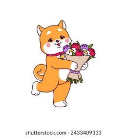 Dibujos animados japonés feliz Shiba Inu cachorros de perro personajes, lindo kawaii mascota personage. Divertido perro japonés pequeño, mascota animal lindo mascota, Shiba Inu aislado vector personaje cómico con ramo de flores