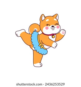 Caricatura japonesa feliz shiba inu bailarina cachorro perro personaje. Lindo personaje de mascota kawaii. Vector aislado caprichoso cachorro lleva tutu, piruetas con gracia en el escenario, la ejecución de adorables movimientos de ballet