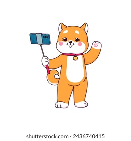 Caricatura japonesa feliz Shiba Inu perro personaje haciendo selfie foto con teléfono móvil, vector kawaii animal. Perro lindo de la mascota del perrito Shiba Inu ondeando Hi con la pata para la foto en el palo del selfie para el emoji de los niños