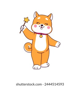 Caricatura japonesa feliz shiba inu cachorro personaje con varita mágica. Lindo personaje de mascota kawaii de perro marrón de Vector animal jugando con palo de estrella. Cachorro japonés shiba inu con cara sonriente divertida