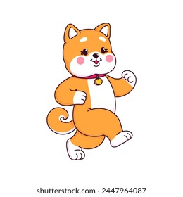 Caricatura japonesa feliz Shiba Inu cachorro perro corriendo personaje, lindo personaje de mascota kawaii. Lindo bebé shiba inu, personaje de cachorro cómico o kawaii Pequeña mascota de Vector de perro japonés. Personaje divertido de la mascota