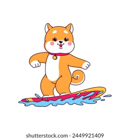 Caricatura japonesa feliz shiba inu cachorro perro surfeando personaje, lindo kawaii mascota personaje. Lindo Shiba Inu, mascota de perro japonés kawaii o personaje de Vector de cachorro divertido. Personaje animal de la mascota en tabla de surf