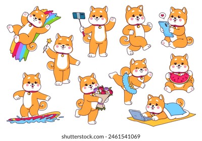 Cartoon Japanisch glücklich Shiba Inu Welpen Hund Charaktere und süße kawaii Haustiere, Vektorgrafik Persönlichkeiten. Glückliche Shiba Inu Welpen Hunde auf Regenbogen mit Blumen, Tanz oder Zauberstab und Chat auf Handy