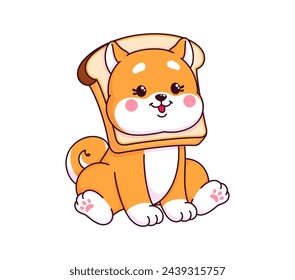 Caricatura japonesa kawaii shiba inu personaje con pan tostado en su cuello. Personaje aislado del cachorro de Shiba inu divertido vector sentado con la cabeza que sobresale de la rebanada de tostada. Comida de animales, escena del desayuno