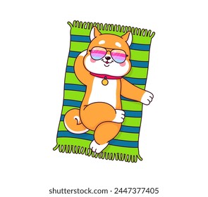 Cartoon japanese kawaii shiba inu sunbathing on the beach. Isolated vector cute and happy dog character, pet personage, cool animal wear rainbow sunglasses lying on back. Canine puppy relaxing on mat