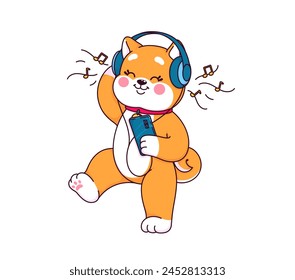 Caricatura japonesa kawaii shiba inu perro personaje escuchando una música en los auriculares. Un cachorro de Vector aislado bailando al ritmo de la melodía, capturando un momento juguetón lleno de expresión deliciosa peluda