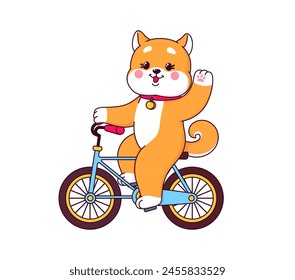 Caricatura japonesa kawaii shiba inu perro personaje en la bicicleta. Vector aislado divertido y lindo personaje de cachorro japonés equilibrando la moto alegremente mientras pedalea su camino y agitando una garra con una sonrisa