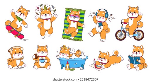 Cartoon japanese kawaii shiba inu characters, cute dog personages. Vector shiba inu pet animals, brown dogs and puppies drinking coffee, riding bike and skateboard, listening to music and dancing