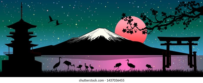 Cartoon Japanese landscape. Mount Fuji. Sea, cranes birds, pagoda, gate, cherry tree branch. Sunny sunrise over Mount Fuji.