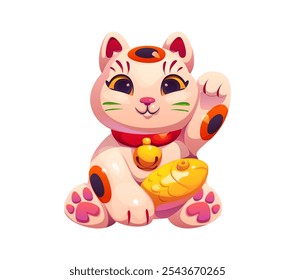 El gato de la suerte japonés de dibujos animados maneki neko sostiene un pez dorado mientras que levantar una pata en un gesto de bienvenida simboliza la buena fortuna y la prosperidad. Recuerdo tradicional de Vector aislado en la cultura japonesa