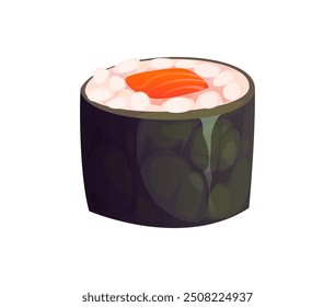 Rollo de sushi maki japonés de dibujos animados con una envoltura de algas nori, arroz y un pedazo central de salmón. Comida de la cocina japonesa clásica del Vector aislado, comida asiática del restaurante, plato del marisco con los ingredientes frescos