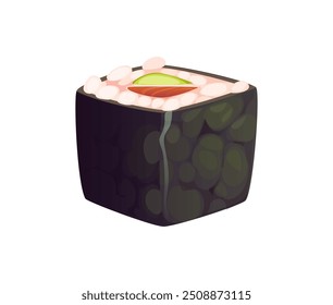 Cartoon Japanese maki sushi roll wrapped in nori seaweed filled with rice, avocado, salmon or tuna. Isolated vector traditional japan dish showcase neatly arranged ingredients highlight its freshness