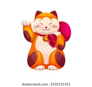 Caricatura del gato japonés Maneki Neko, que simboliza la suerte y la prosperidad. Gato encantador de la estatua del Vector con un bolso rojo del dinero, símbolo de la cultura asiática, de la riqueza, de la buena fortuna y del positivismo