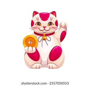 Cartoon Japanese Maneki Neko cat holding a gold coin. Isolated vector traditional beckoning cat, symbolizing good fortune and prosperity. Kitten souvenir with raised paw, symbol of Japan culture