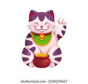 Cartoon Japanese Maneki Neko cat with a pot brimming with golden coins, symbolizing luck and prosperity. Isolated vector beckoning kitten souvenir, symbol of Asian culture, wealth and good fortune