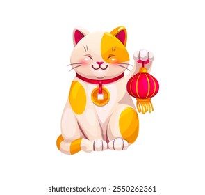 Caricatura japonesa Maneki Neko gato de la suerte sonriendo con la pata levantada que sostiene una linterna festiva roja. El gato de Vector aislado presenta un babero rojo con un medallón de moneda de oro y una expresión acogedora y alegre