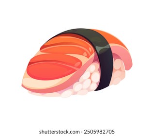 Rollo de sushi nigiri japonés de dibujos animados con rebanadas de salmón fresco, arroz y envoltura de algas. Plato de comida tradicional japonesa de Vector aislado, comida apetitosa de la cocina asiática, bocadillo delicioso de mariscos gourmet