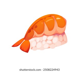 Cartoon Japanese nigiri sushi roll. Isolated vector traditional Japan food featuring a piece of shrimp on top of rice. Asian culinary restaurant menu dish, food blog presentation, recipe book meal