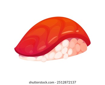 Cartoon japonês nigiri sushi rolo com uma cobertura de atum fatia de peixe sobre uma cama de arroz vinagre. Vetor isolado comida tradicional do Japão, peça de sushi, arte culinária asiática, aperitivo oriental