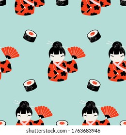 Cartoon Japanese pattern design. Woman characters wearing kimono and salmon sushi. Hand-drawn pattern design for web  and print.