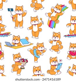 Japanische Shiba Inu Hundefiguren nahtlose Muster. Nahtloser Hintergrund aus Bildschirmhintergrund oder Stoff, Papierdruck oder Vektorgrafik mit Kawaii Shiba Inu Tanz-, Ess- und Surffiguren