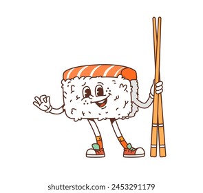 Caricatura japonesa sushi personaje groovy sosteniendo palillos chinos. Personaje de comida asiática funky de Vector aislado, bola de arroz con rodaja de salmón encima. Menú de cocina oriental en estilo nostálgico vintage