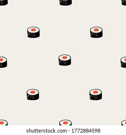 Cartoon Japanese sushi pattern design.  Salmon sushi roll cut into pieces. Hand-drawn pattern design for web  and print. Trendy minimalistic Asian food pattern.