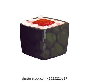 Cartoon Japanese sushi roll wrapped in nori seaweed sheet, contains neatly packed rice and a piece of fresh tuna in the center. Isolated vector traditional japan food delicacy, seafood restaurant menu