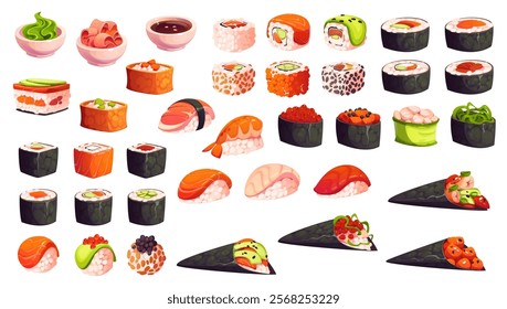 Cartoon Japanese sushi and rolls with sashimi for Asian cuisine food menu, vector icons. Sushi set of nigiri and maki and hosomaki rolls with seafood, shrimp and fish caviar, wasabi and soy sauce