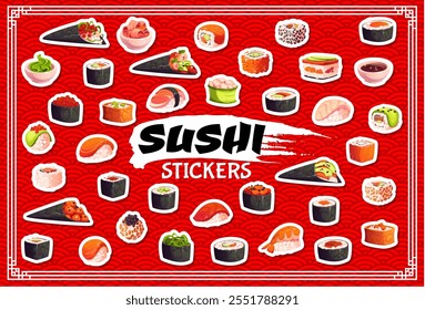 Cartoon japanischen Sushi und Rollen Aufkleber Pack, Vektor asiatische Küche Essen. Lachsfisch Sashimi, Reis und Nori Nigiri, Maki und Tempaki Sushi, Gunkan, Hosomaki und Uramaki Rollen Cartoon Aufkleber Set