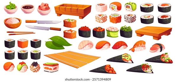 Cartoon Japanese sushi, utensils and rolls for Japanese cuisine food, vector icons. Sushi types and preparation cutlery for sashimi, nigiri maki or hosomaki rolls with seafood, chopsticks and knife