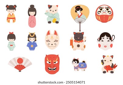 Cartoon japanese symbols. Maneki neko cats, paper fan, japan masks and traditional dolls. Asian style toys and culture symbols, snugly vector set