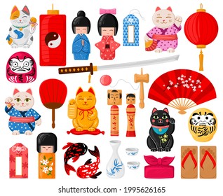 Cartoon japanese symbols. Oriental traditional toys, maneki neko, omamori, daruma and kokeshi dolls vector illustration set. Cute japan culture. Traditional japanese oriental culture, japan souvenir