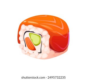 Caricatura Japonesa uramaki rollo de sushi envuelto en capa de arroz, rematado con una rebanada de salmón fresco, relleno con queso crema, pepino, pescado y Pequeño trozo de alga. Vector tradicional japonés delicadeza