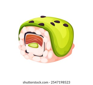 Cartoon Japanese uramaki sushi roll with a bright green cucumber and sesame seeds topping, filled with slices of tuna, avocado, and surrounded by rice. Vector appealing presentation of japan cuisine