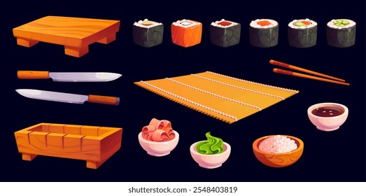 Desenhos animados de utensílios japoneses para sushi e rolos, cozinha asiática comida ferramentas de cozinha. Rolos de sushi maki vetor, pauzinhos e facas, molho de soja, arroz, wasabi ou tigelas de gengibre, tapete de bambu, placa de madeira, molde