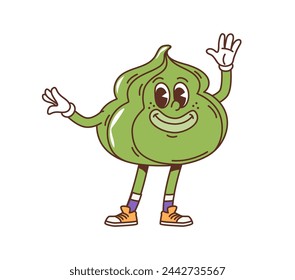 Cartoon japanese wasabi sauce groovy character. Isolated vector vibrant green swirl, japan spicy condiment for asian food, lively wasabi personage exudes zesty charm with its comic hippie appearance