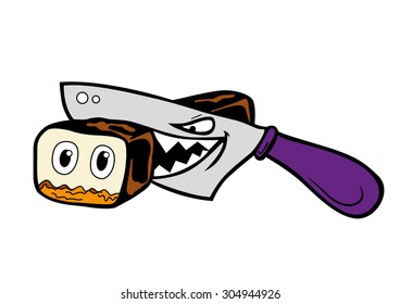 Cartoon Japanese wicked sharp knife cut sushi into pieces vector illustration