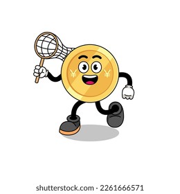 Cartoon of japanese yen catching a butterfly , character design