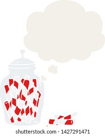 cartoon jar of candy with thought bubble in retro style
