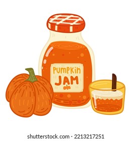 Cartoon jar of delicious pumpkin jam. Traditional autumn sauce for Thanksgiving dinner. Beautiful glass bottle with fruit spread. Autumn treats for harvest day. Home canning. Homemade marmalade.