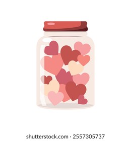 Cartoon jar filled with hearts. Love and valentine's day concept. Vector illustration for greetings, postcard, cards. Isolated on white background.