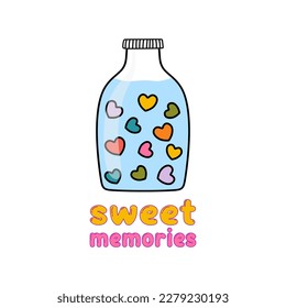 Cartoon jar filled with hearts. Sweet memories, love concept. Colorful flat illustration isolated on white background. Vector illustration