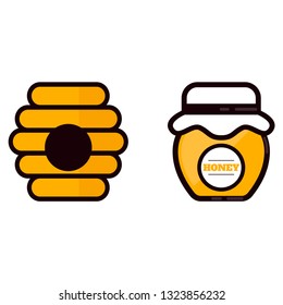 cartoon jar with honey and label and beehouse